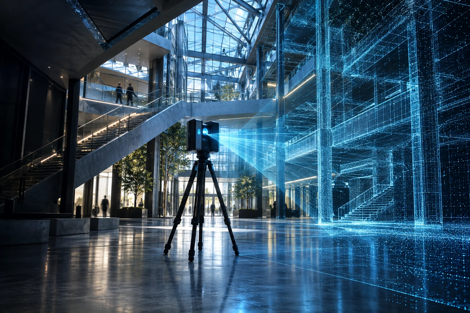 Concept visual of active laser scanning inside a modern atrium, transitioning from architecture to a digital model