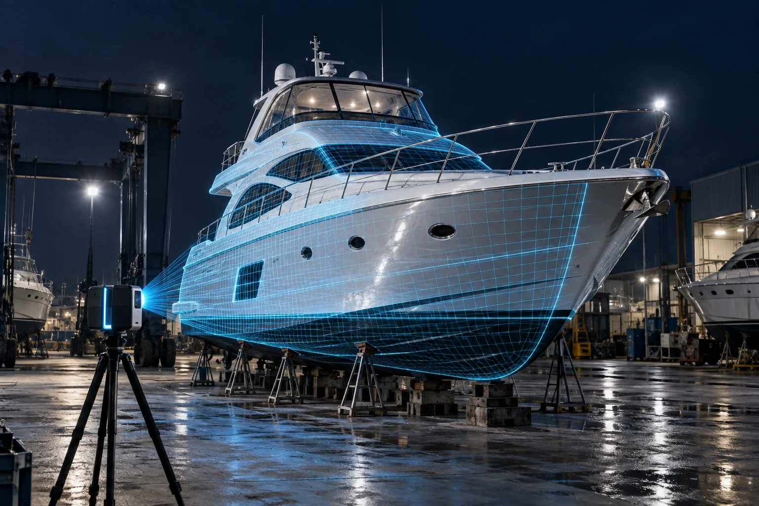 Concept visual of a yacht hull captured with cyan scanning lines and a tripod scanner