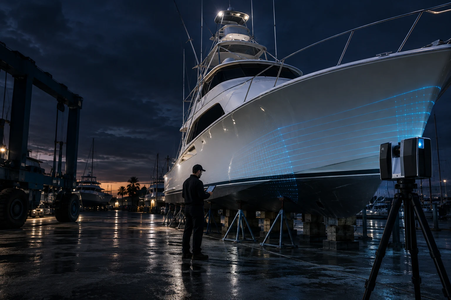 Cinematic concept of yacht reality capture with a tripod scanner